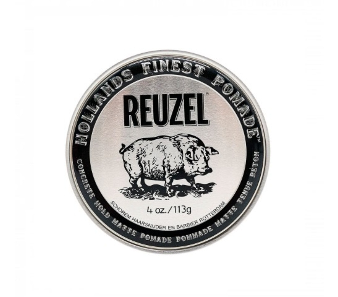 Frasco metálico redondo de pomada para cabelo Reuzel com imagem de porco no rótulo