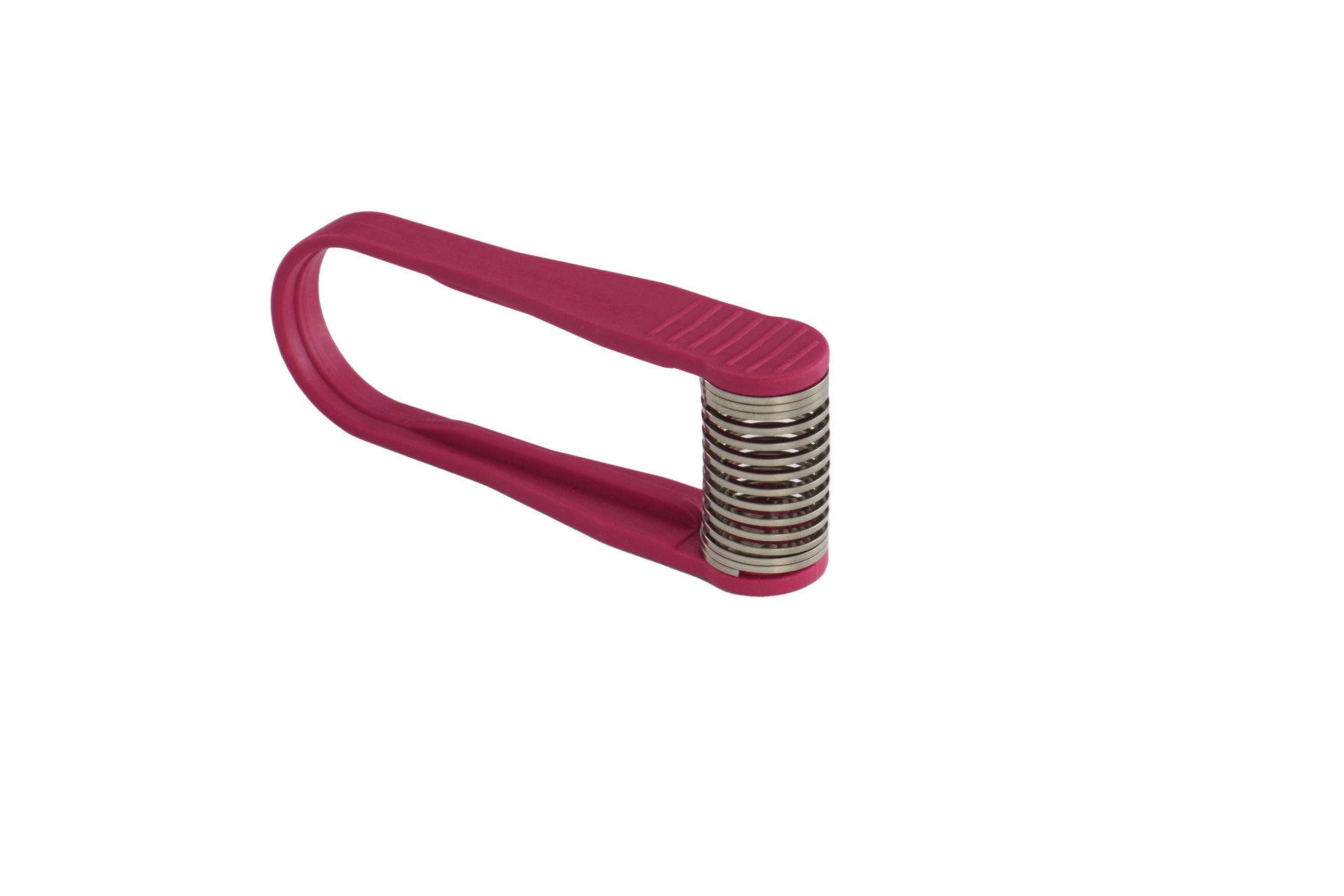 Aparelho de massagem manual com pega vermelha e rolos metálicos