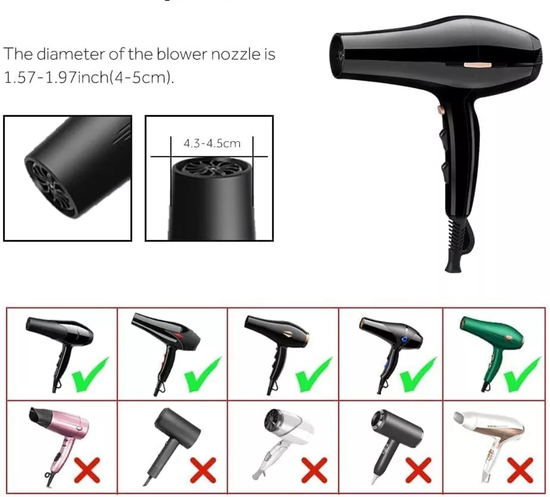 Secador de cabelo preto e bocal medido com gráfico de compatibilidade de modelos de secador