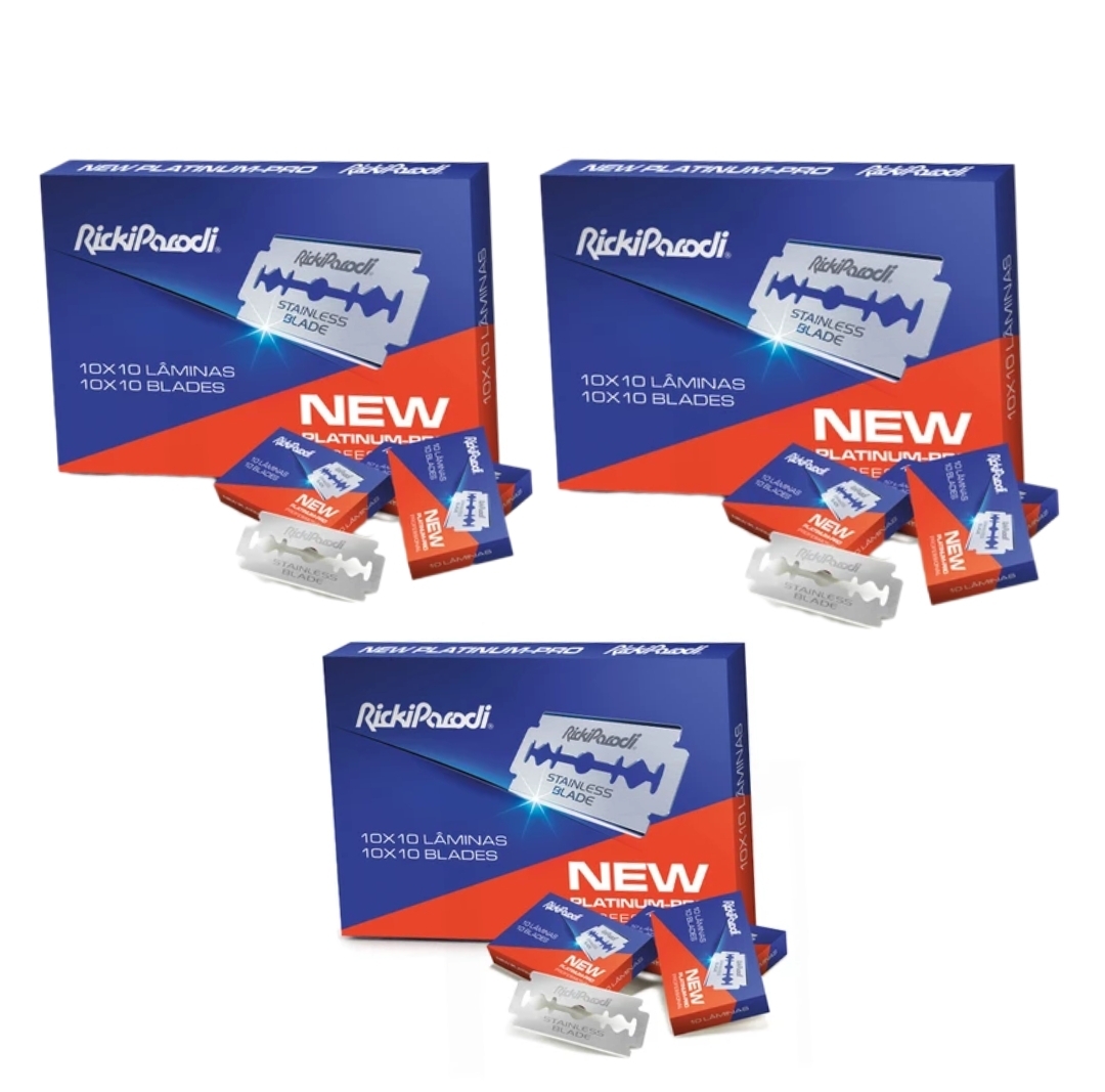 Caixas de lâminas de barbear RickiPiccoli azul e vermelho com texto NEW PLATINUM BLADES