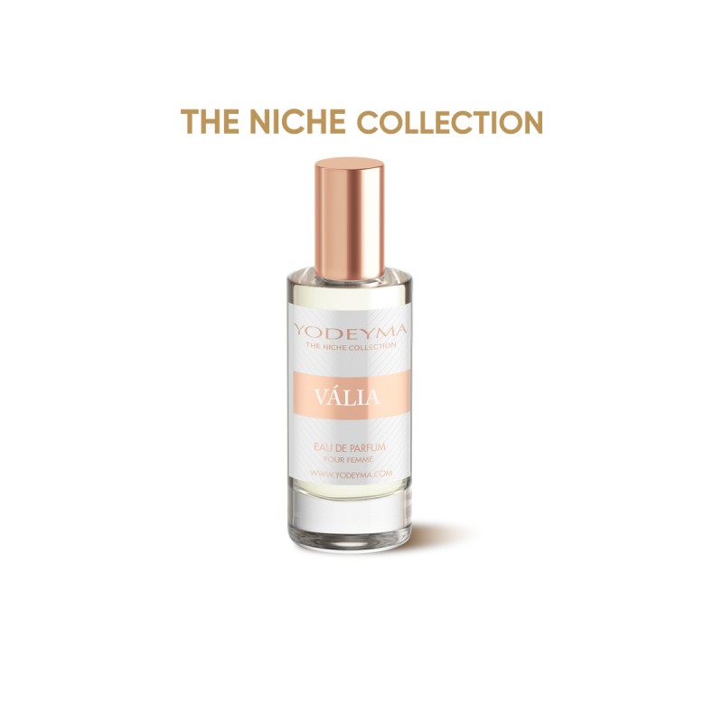 Frasco de perfume YODEYMA VÁLIA com tampa dourada e rótulo branco e rosa