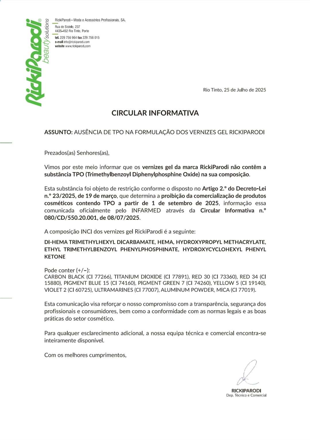 Circular informativa RickiParodi sobre vernizes gel sem TPO