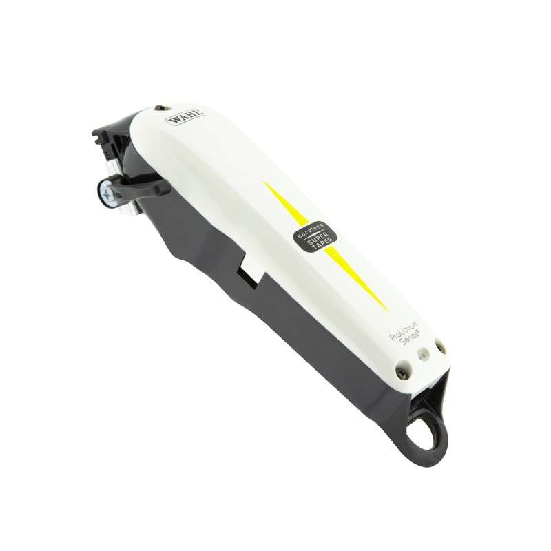 Máquina de cortar cabelo branca e preta com detalhe amarelo