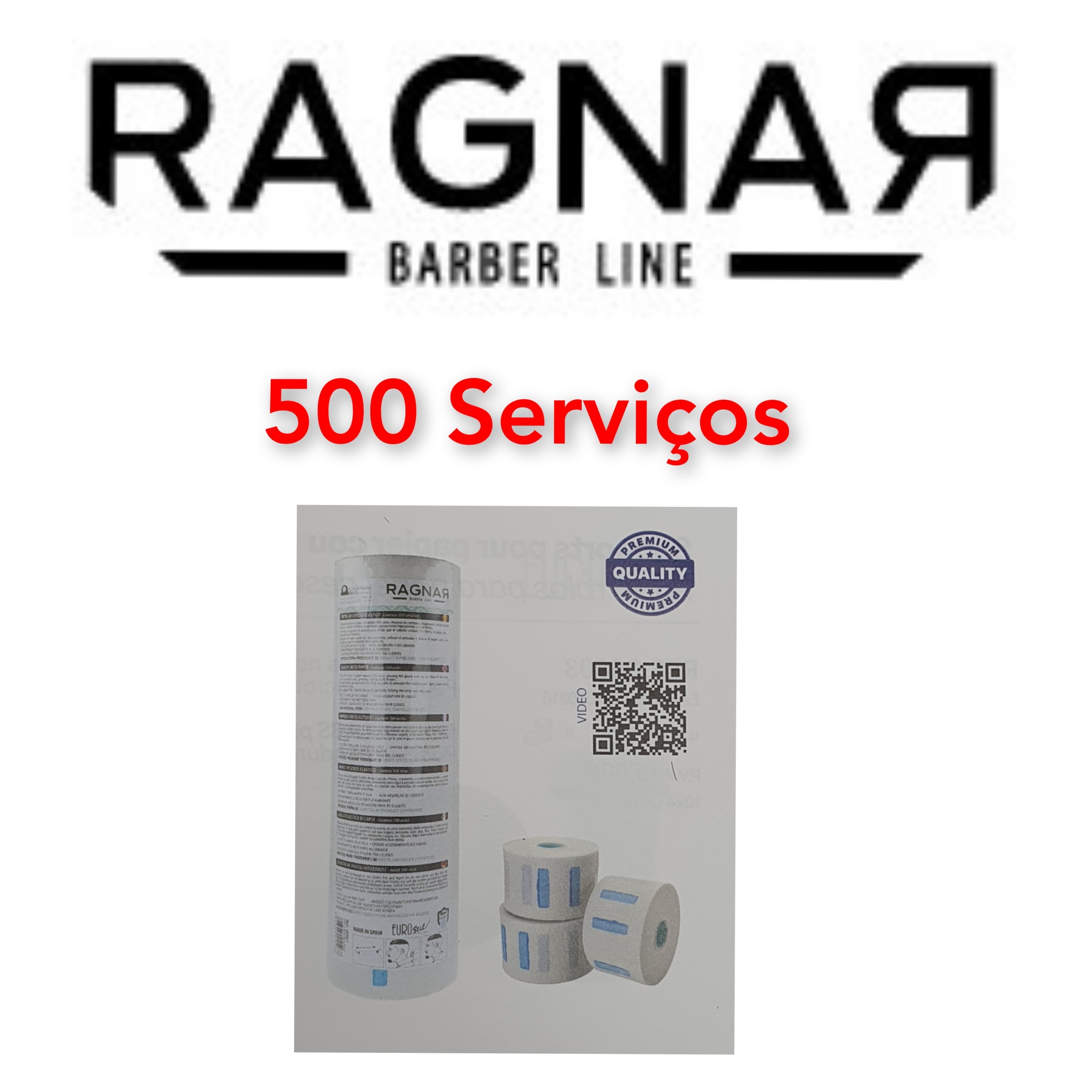 Rolos de papel térmico com etiquetas ao lado da marca RAGNAR BARBER LINE e a indicação 500 Serviços.