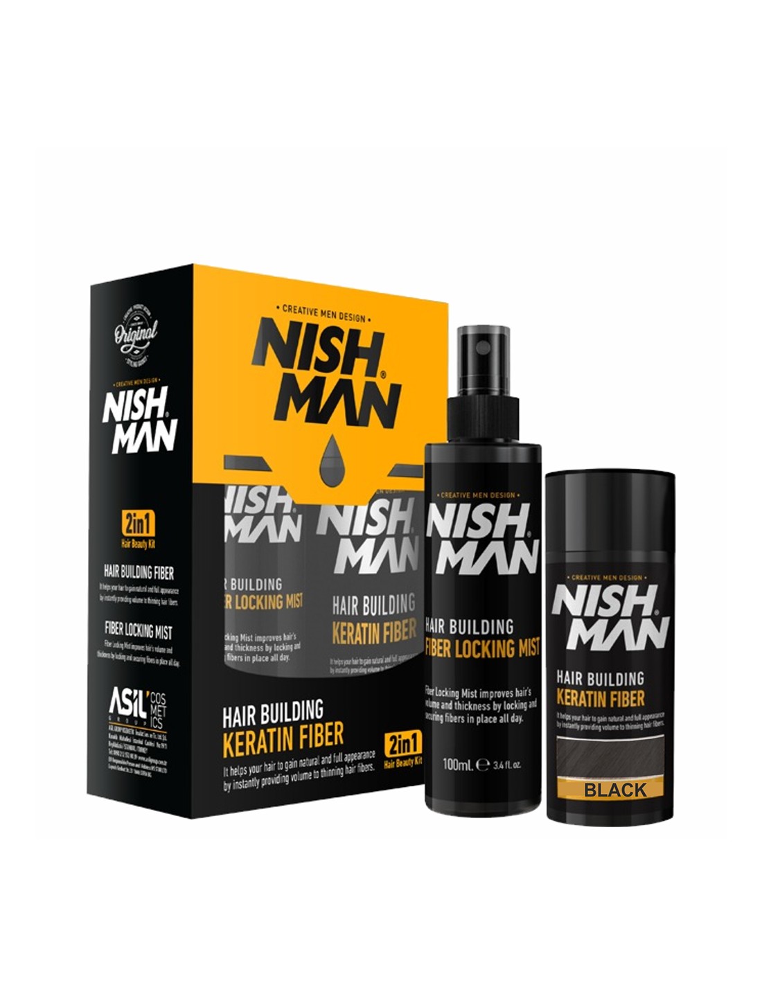 Conjunto de produtos para cabelo NISH.MAN com frasco de spray e frasco de fibras de queratina preto