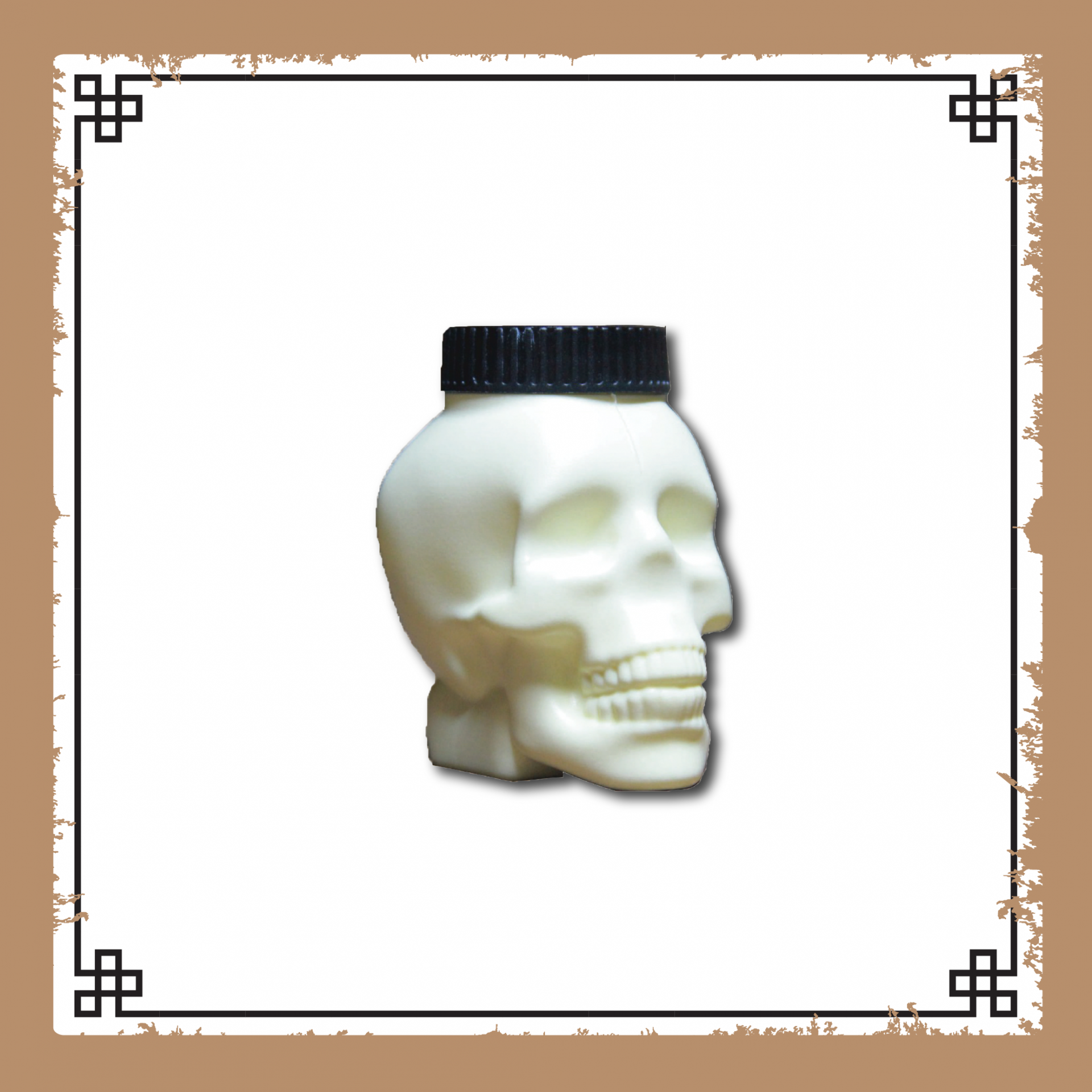 Frasco em forma de caveira com tampa preta num fundo branco