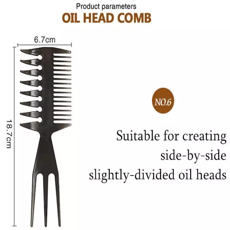 Pente preto para cabelo com duas secções de dentes e três pontas, texto explicativo ao lado