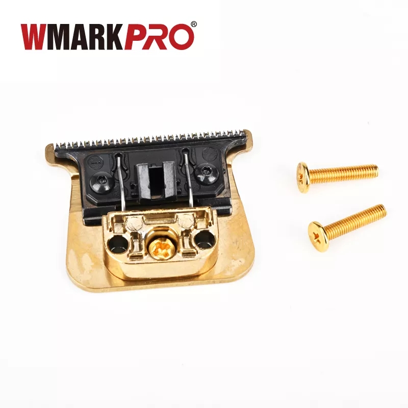 Cabeça de máquina de cortar cabelo dourada e preta com parafusos