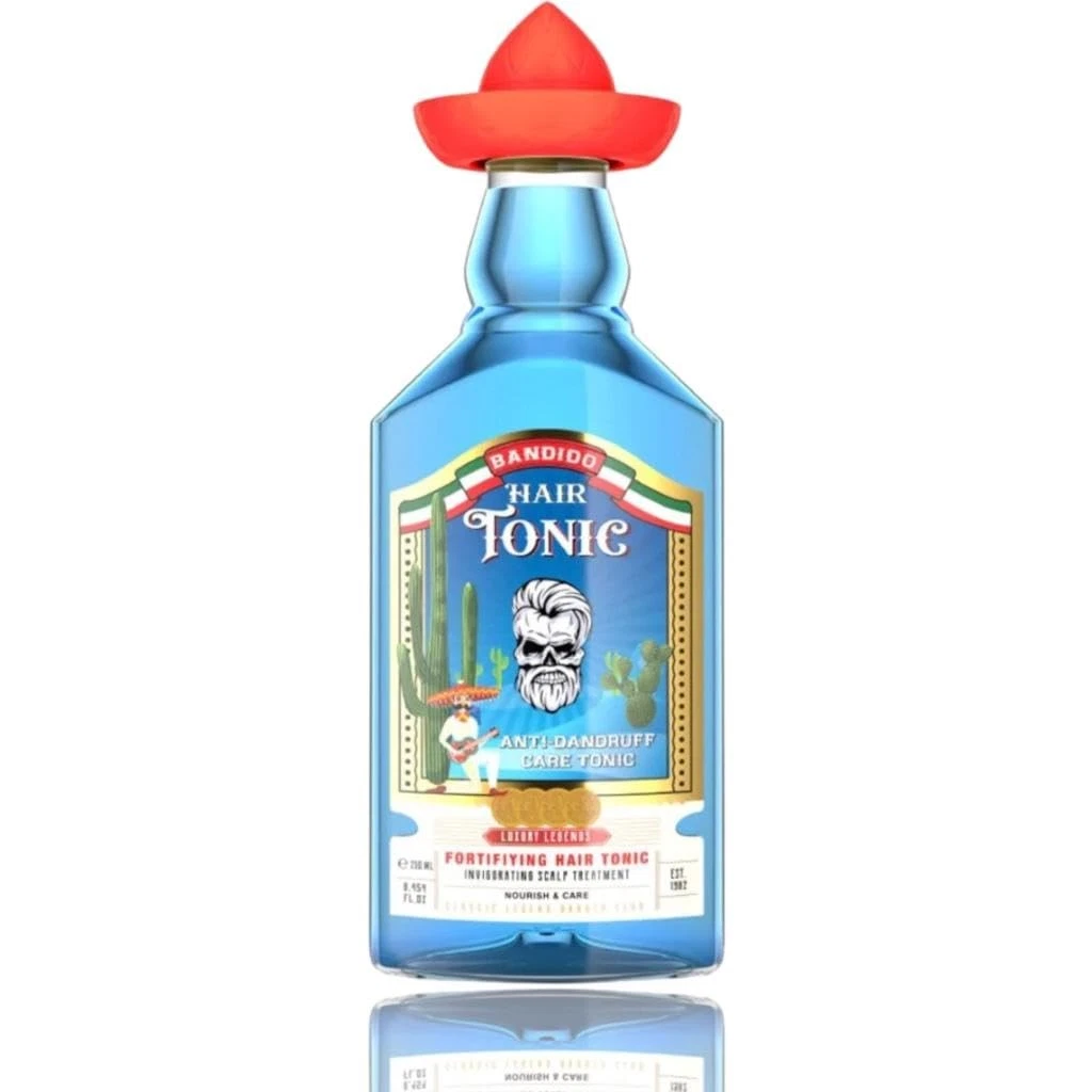 Frasco azul de tónico capilar com tampa vermelha em forma de chapéu mexicano