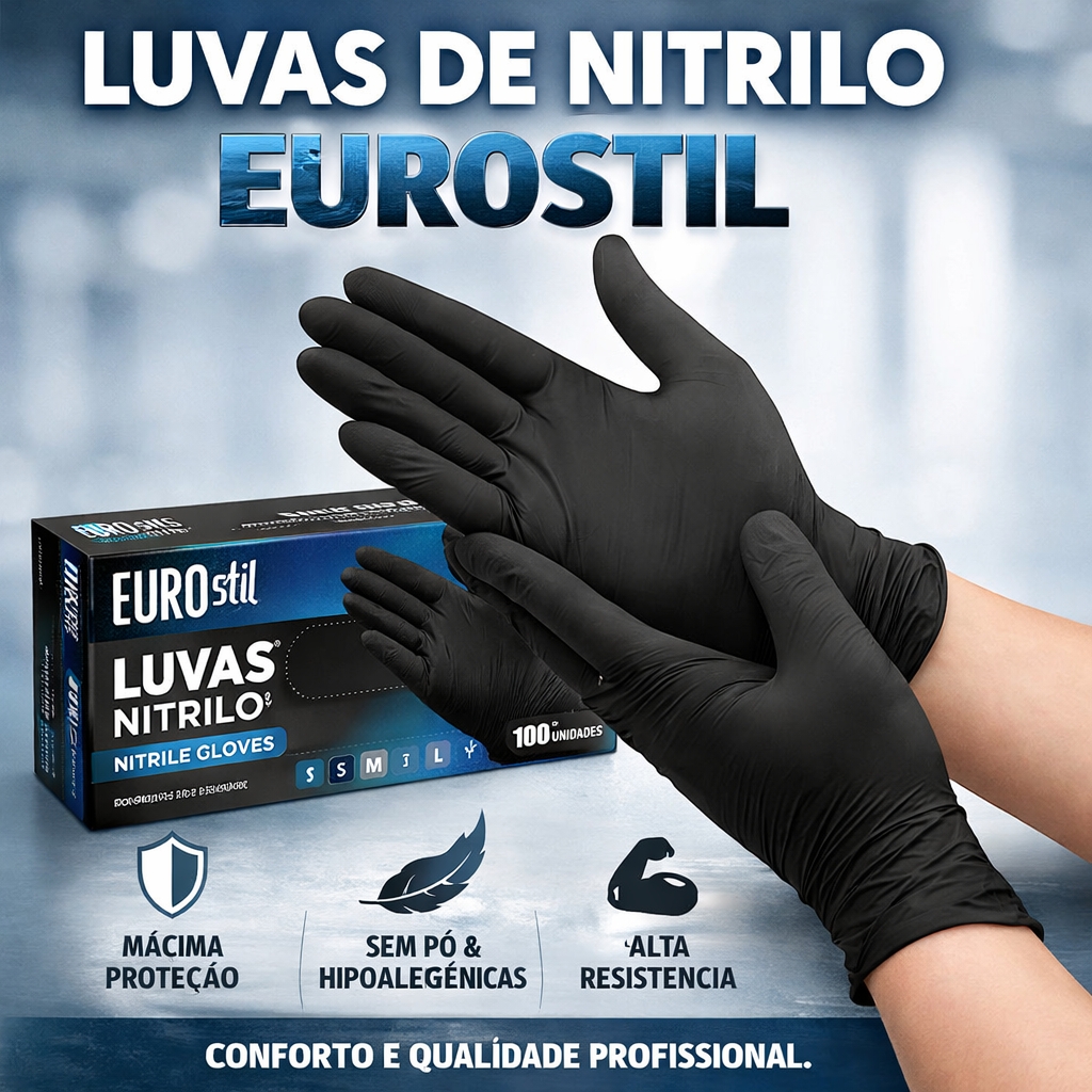 Luvas de nitrilo pretas com embalagem da EUROstil e indicações de proteção e qualidade