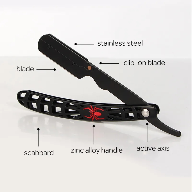 Navalha de barbear preta com lâmina de aço inoxidável e cabo com padrão recortado e logo vermelho