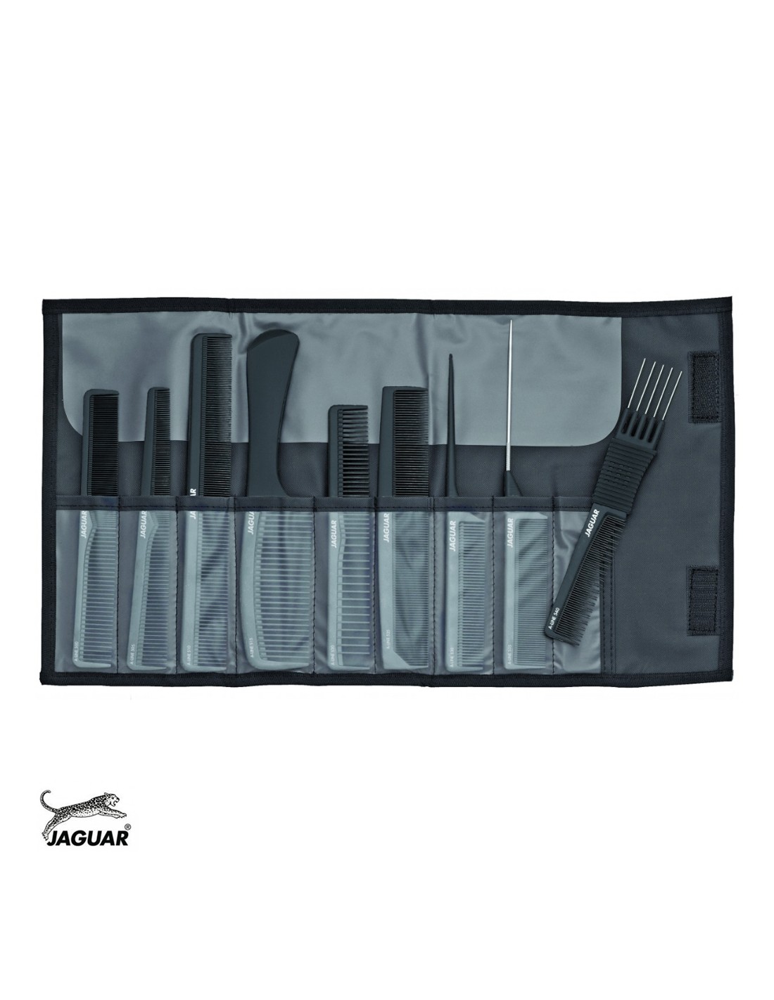 Conjunto de pentes profissionais pretos em estojo cinzento e preto com logótipo JAGUAR