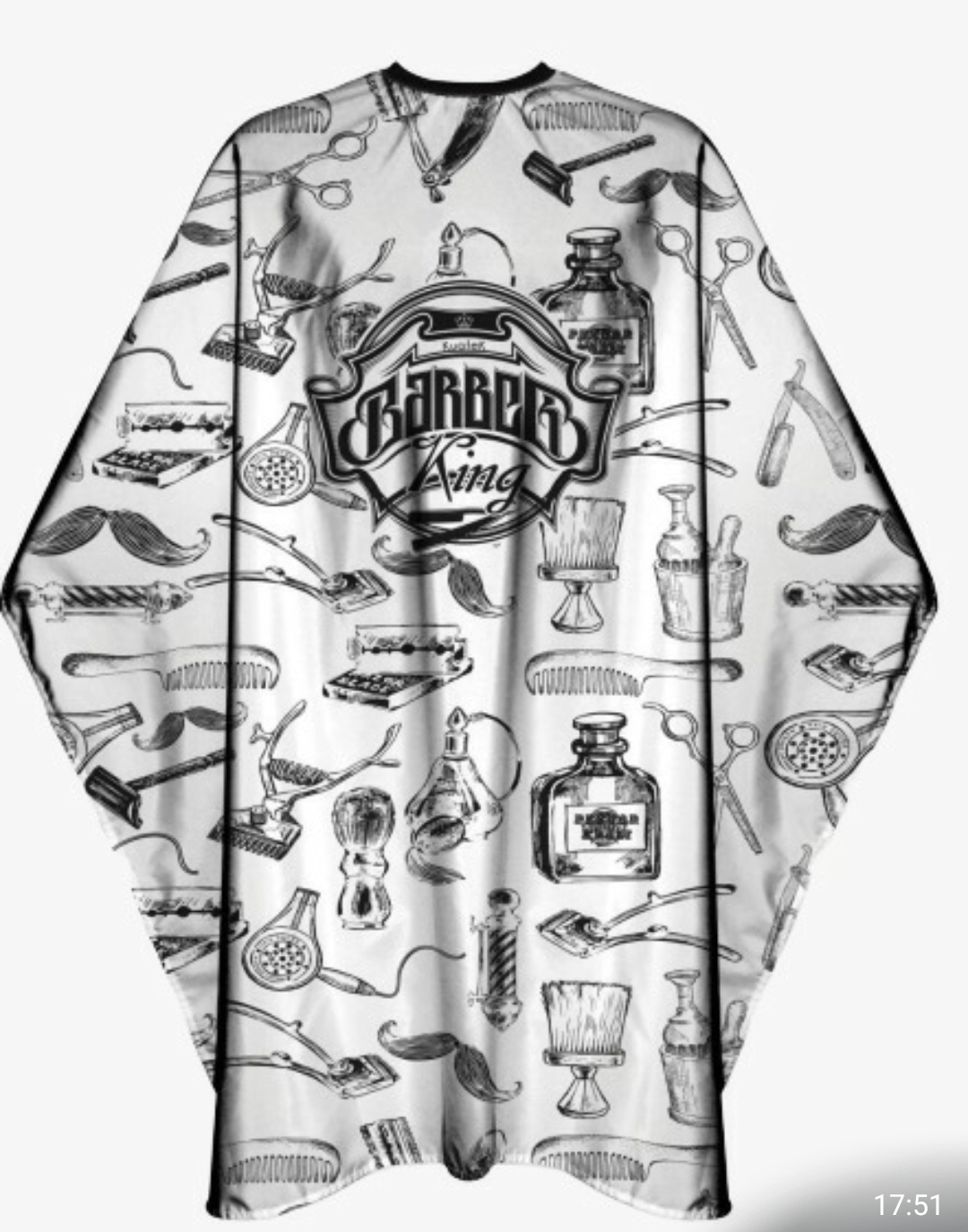 Capa de barbeiro branca com estampados pretos de ferramentas de barbearia e texto 'BARBER King'