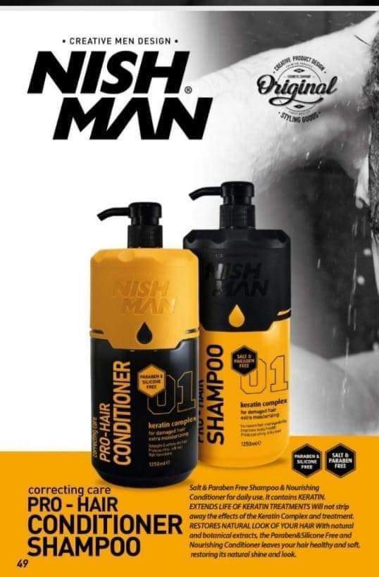 Embalagens de condicionador e shampoo NISH MAN Pro-Hair 01 em amarelo e preto com texto sobre ingredientes e benefícios.
