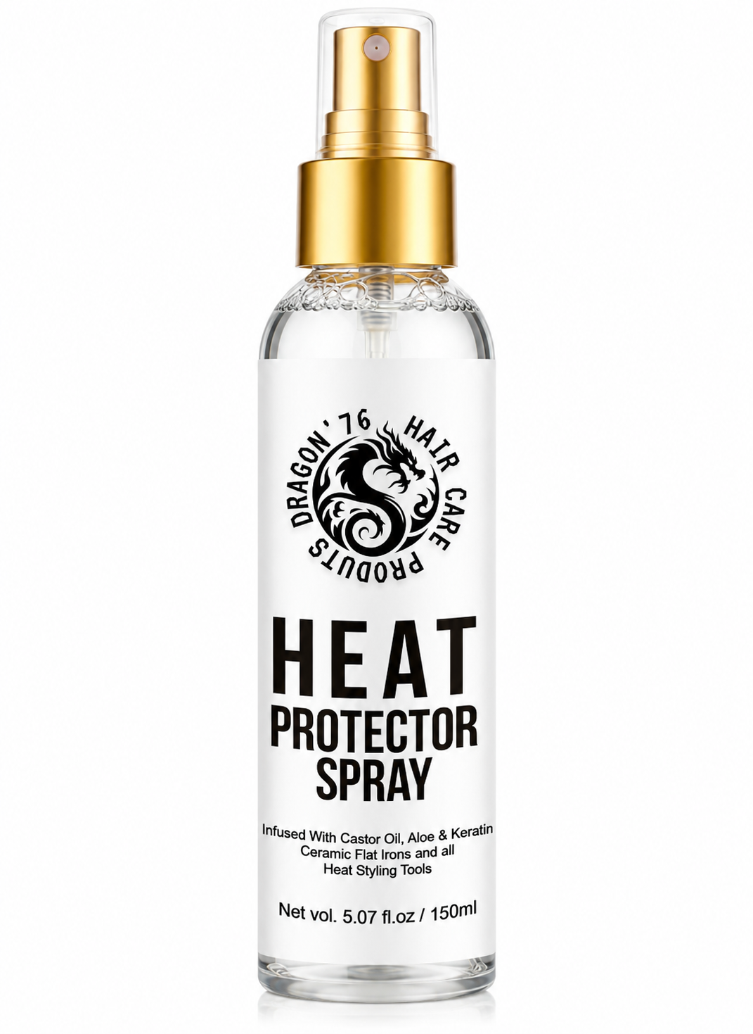 Frasco de spray de proteção térmica para cabelo com tampa dourada e rótulo branco e preto.