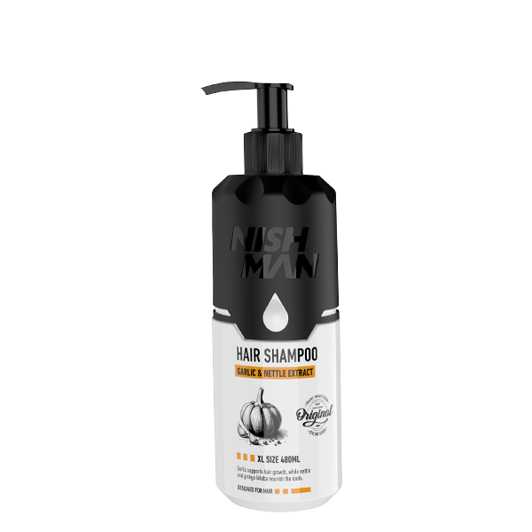 Frasco preto e branco de champô com doseador e texto sobre alho e extrato de urtiga