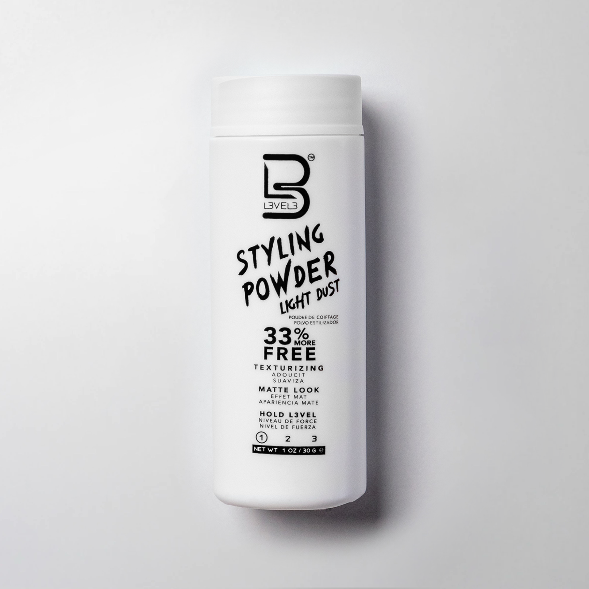 Frasco branco de Styling Powder B Levels com texto preto