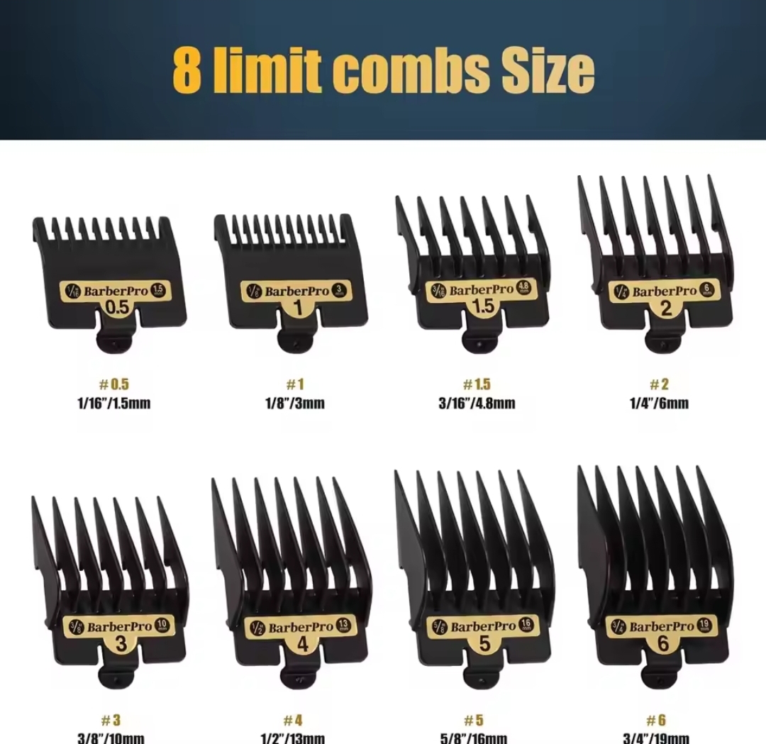 Conjunto de 8 limit combs para máquina de cortar cabelo da marca BarberPro com etiquetas de tamanhos e medidas.