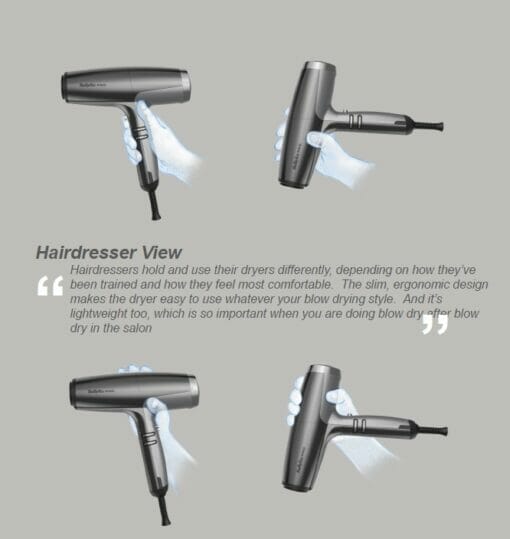 Secador de cabelo cinzento claro com detalhes pretos mostrado a partir de quatro ângulos diferentes com texto explicativo em inglês.