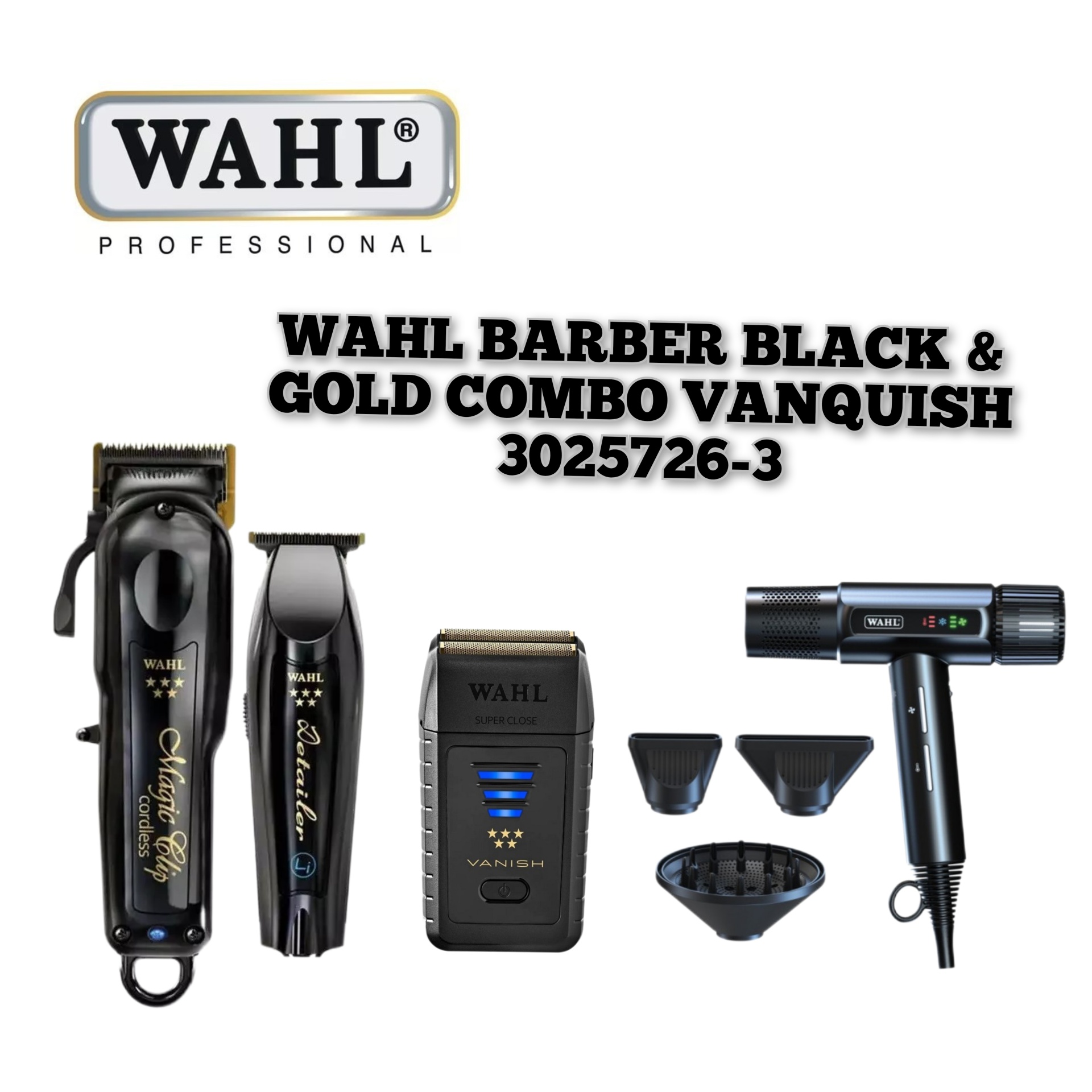 Kit profissional WAHL com máquinas de corte e secador em preto e dourado
