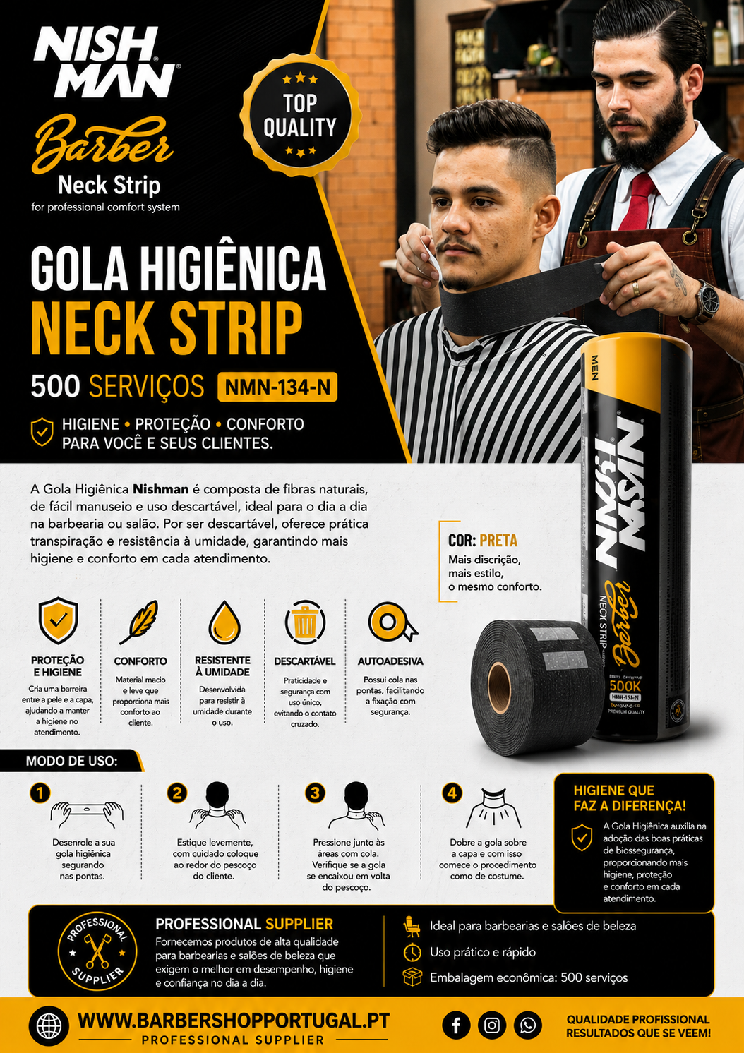 Gola Higiénica Neck Strip preta da Nishman em embalagem preta e amarelo com descrição detalhada e funcionário a colocar o produto num cliente numa barbearia.