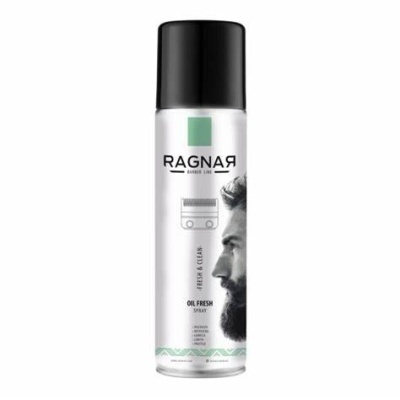 Spray RAGNAR Oil Fresh para cabelo, frasco branco com tampa preta e imagem de homem com barba