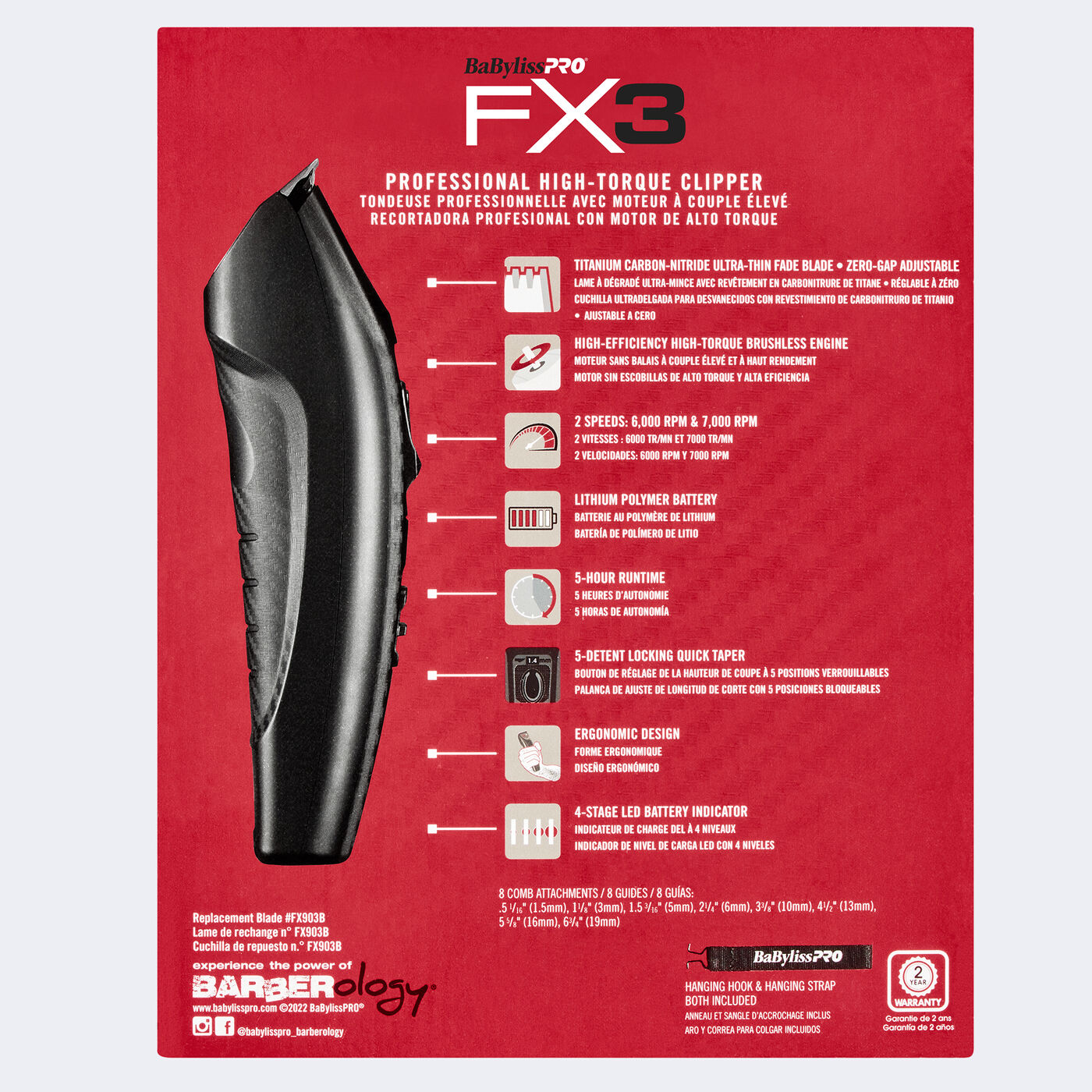 Máquina de cortar cabelo profissional BaByliss PRO FX3 preta com fundo vermelho e descrição técnica branca