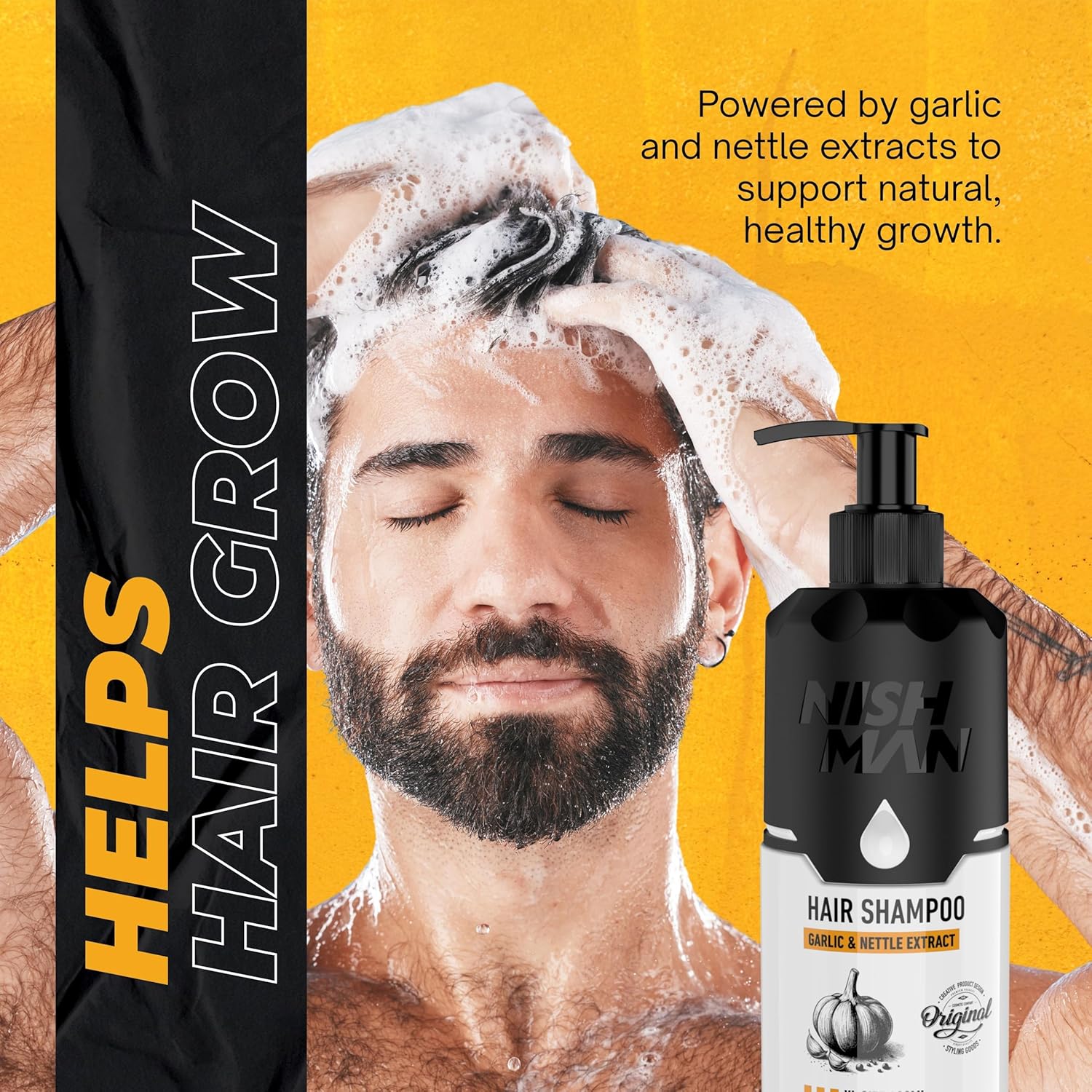 Champô para cabelo Nish Man com extrato de alho e urtiga e homem com cabelo ensaboado