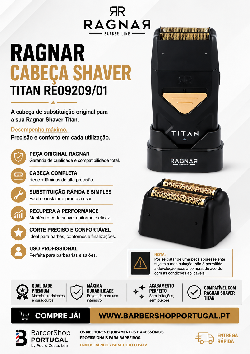 Cabeça substituta para barbear Ragnar Titan RE09209/01 em preto e dourado com texto promocional