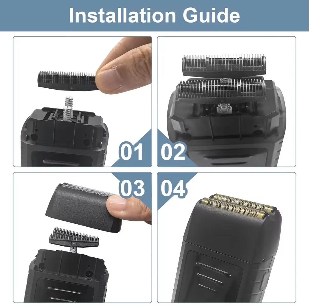 Guia de instalação de cabeça de barbear elétrica preta com grelha metálica