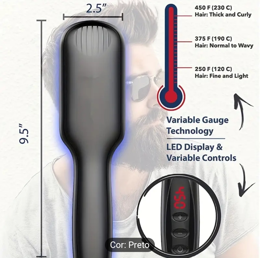 Escova térmica preta com ecrã LED e três níveis de temperatura, dimensões e descrição técnica.