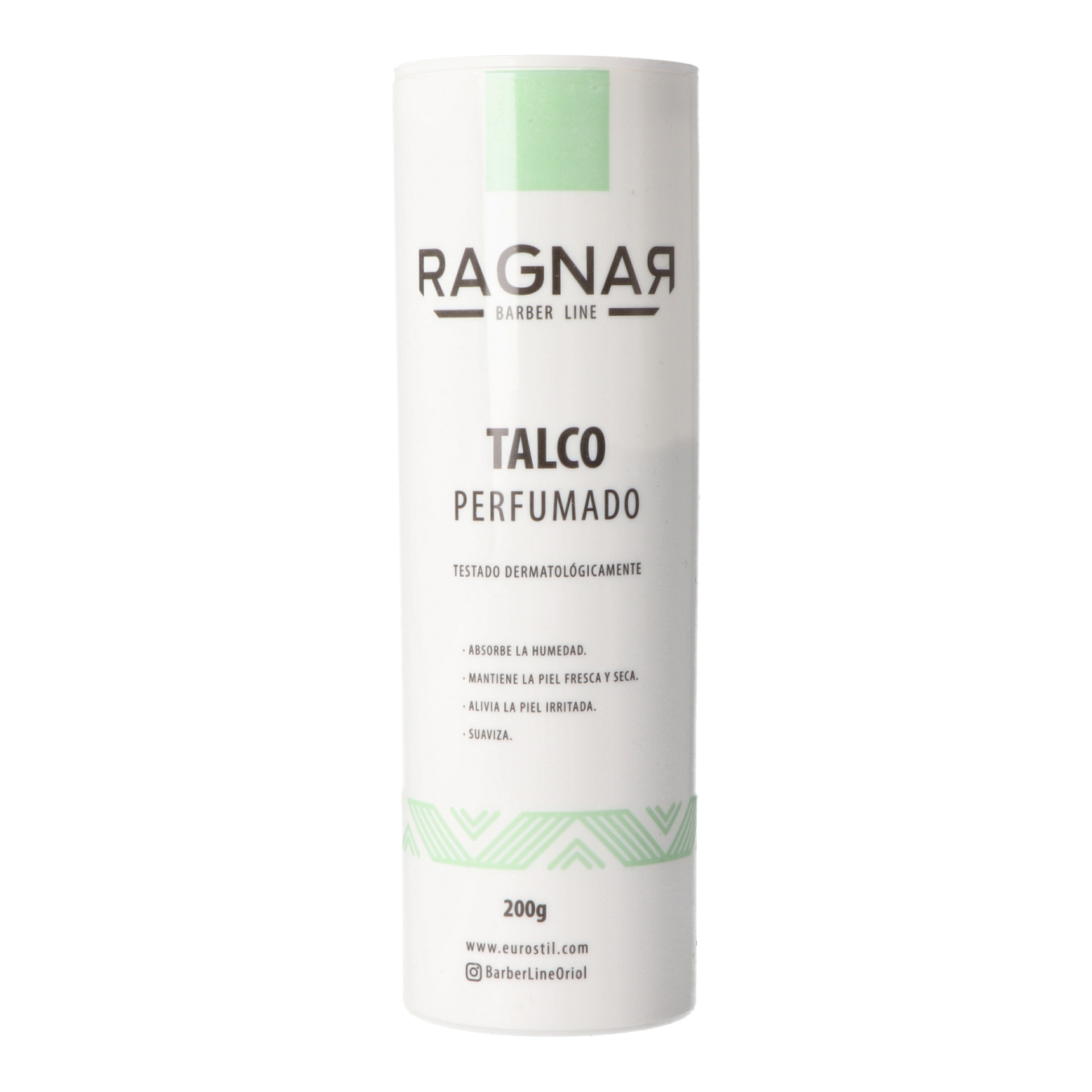 Frasco branco de talco perfumado RAGNAR Barber Line 200g