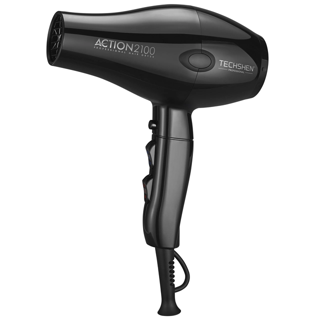 Secador de cabelo profissional preto com botões na pega e logótipos visíveis.