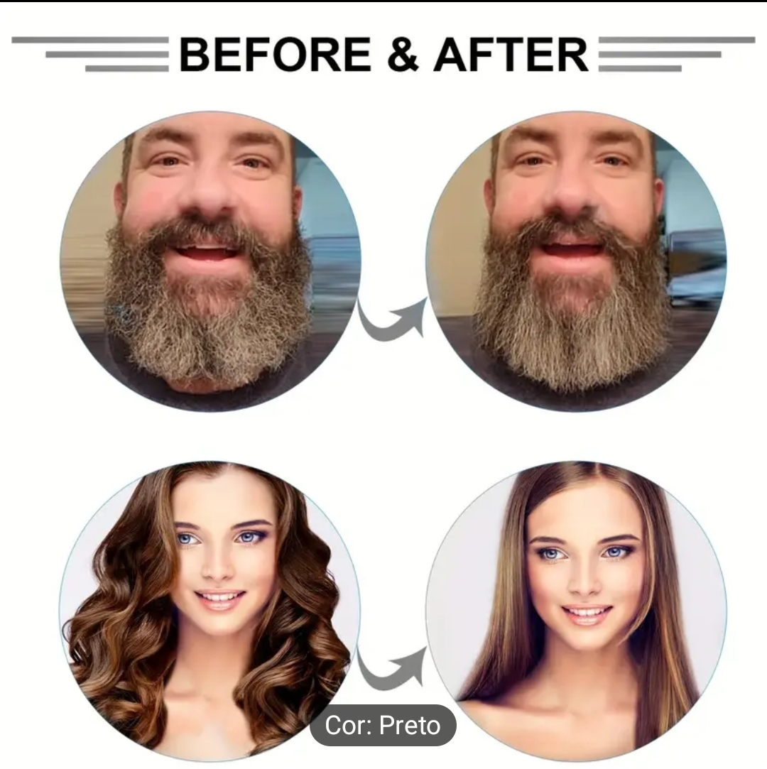 Fotos antes e depois mostrando mudança em barba de homem e cabelo de mulher, com texto 'Cor: Preto'.