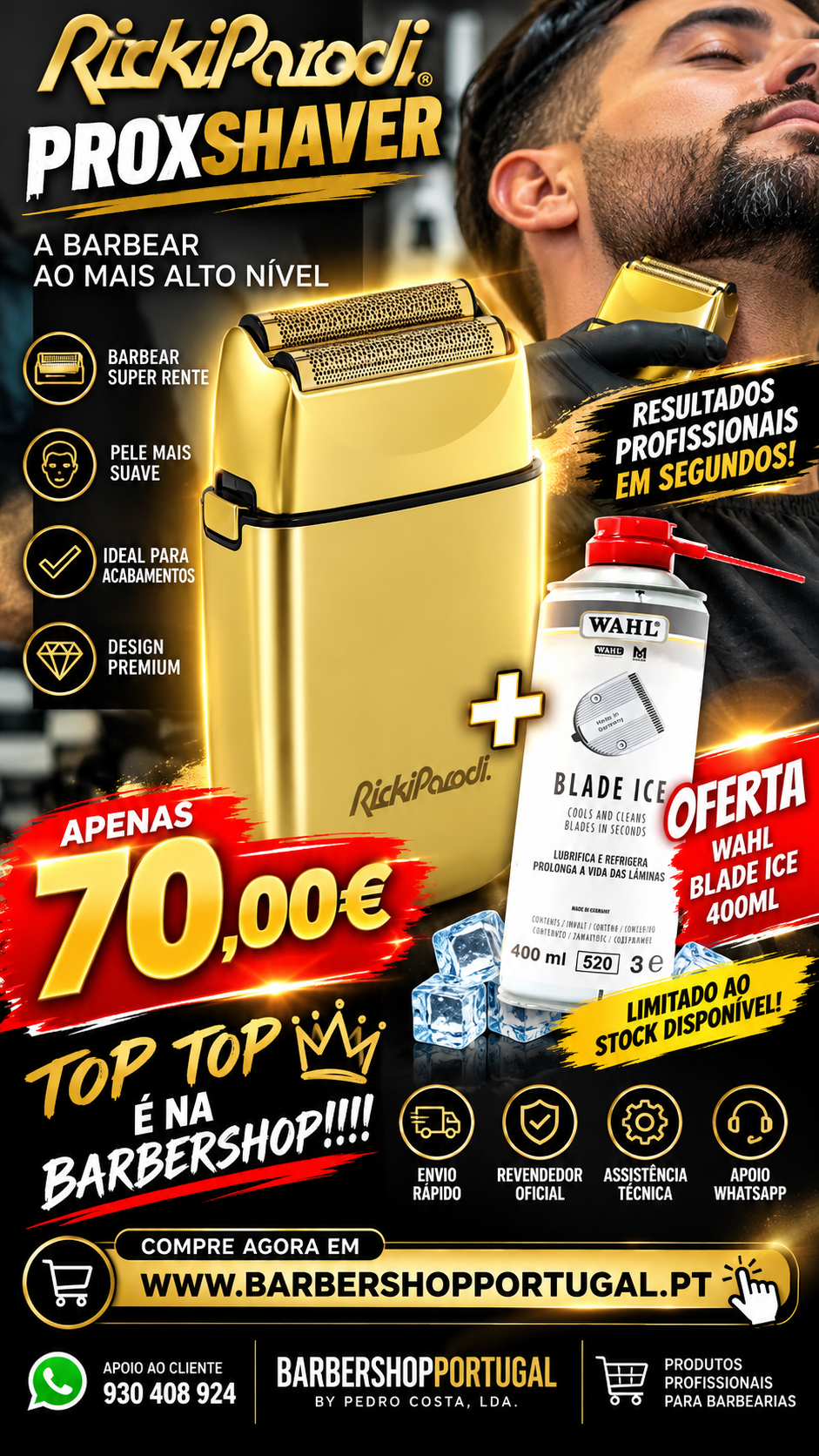 Máquina de barbear elétrica dourada com texto promocional e spray Wahl Blade Ice ao lado