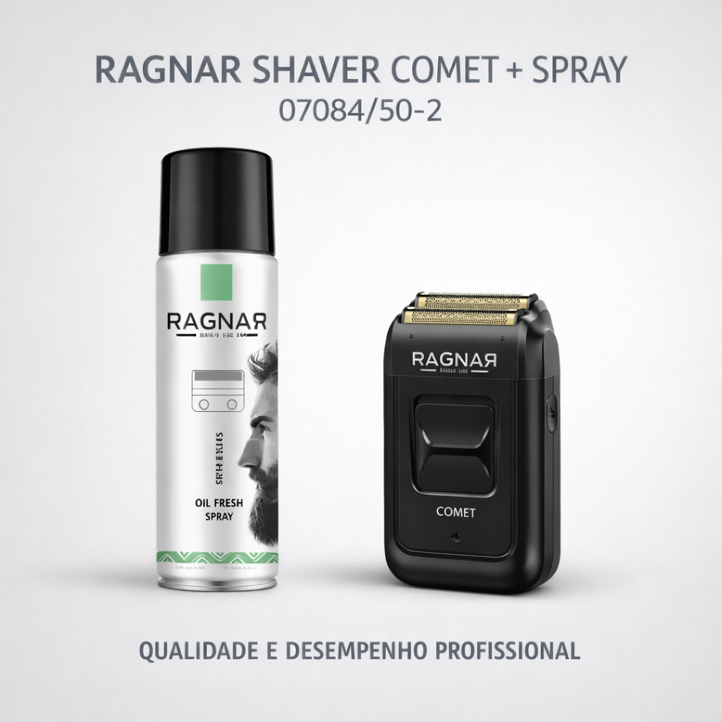 Spray de óleo branco para barba e barbeador elétrico preto com dourado, texto RAGNAR.
