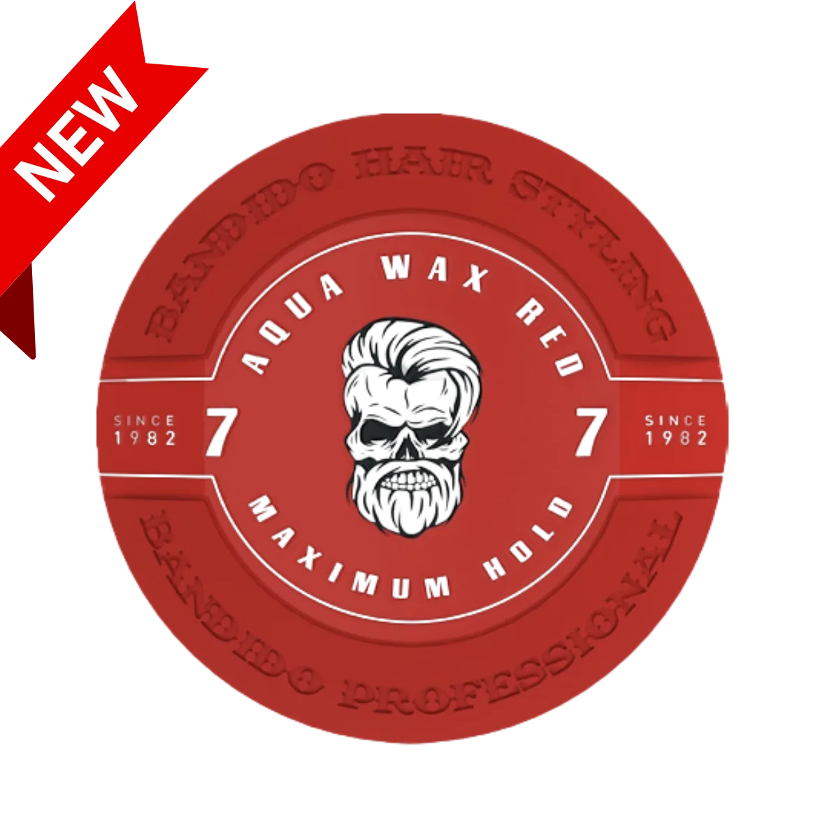 Embalagem redonda vermelha de cera para cabelo com ilustração e texto