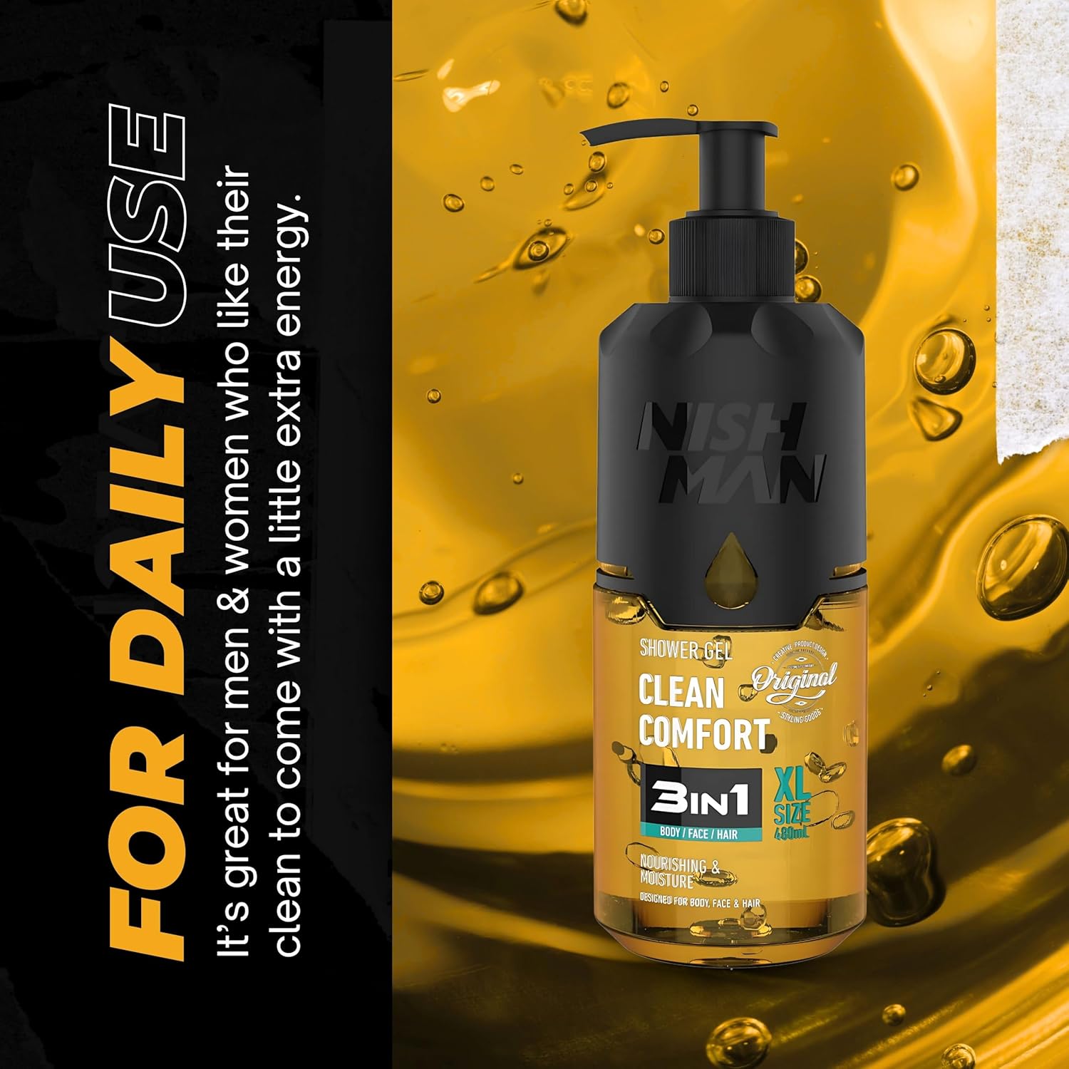 Frasco de gel de banho Nish Man 3 em 1 com doseador preto e líquido amarelo