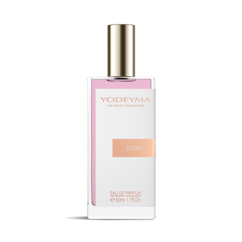 Frasco de perfume Yodeyma Lido com líquido rosa e tampa dourada