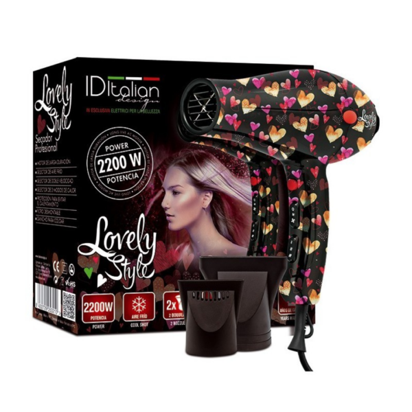 Secador de cabelo preto com corações coloridos e embalagem preta com texto Lovely Style