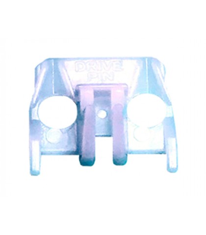 Peça plástica transparente com dois furos e texto DRIVE PIN
