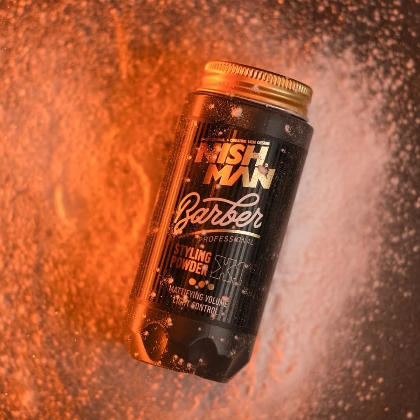 Frasco preto de pó de estilo capilar WISH MAN Barber com tampa dourada e pó branco ao redor