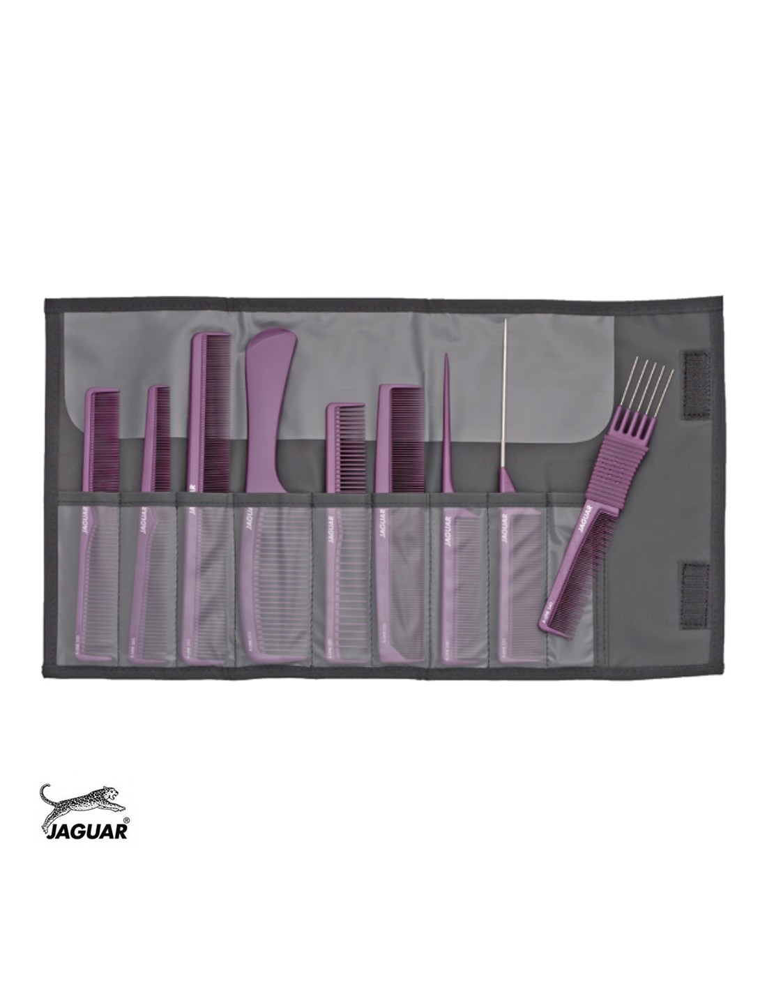 Conjunto de pentes roxos organizados em bolsa cinzenta com logotipo JAGUAR