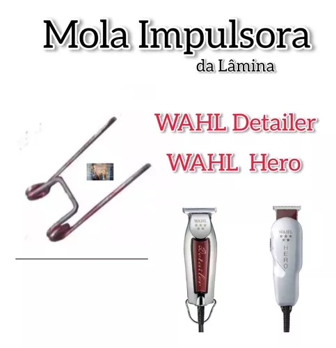 Mola metálica e máquinas de cortar cabelo Wahl Detailer e Hero com texto explicativo em português
