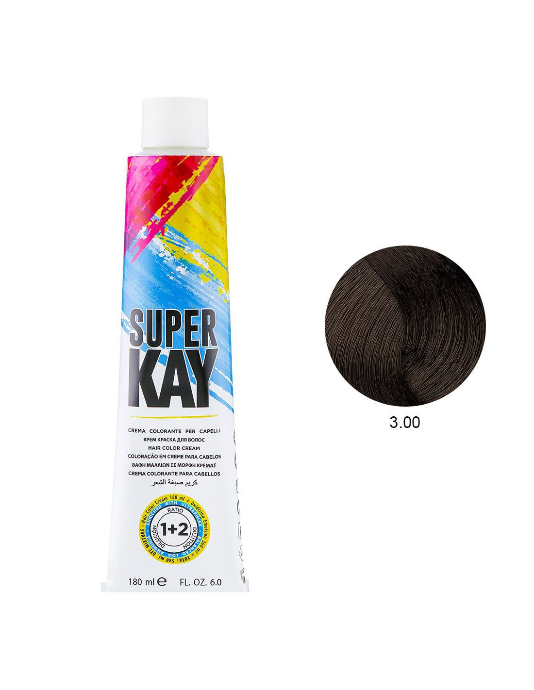 Tubo de creme colorante para cabelo SUPER KAY e amostra de cor castanha 3.00