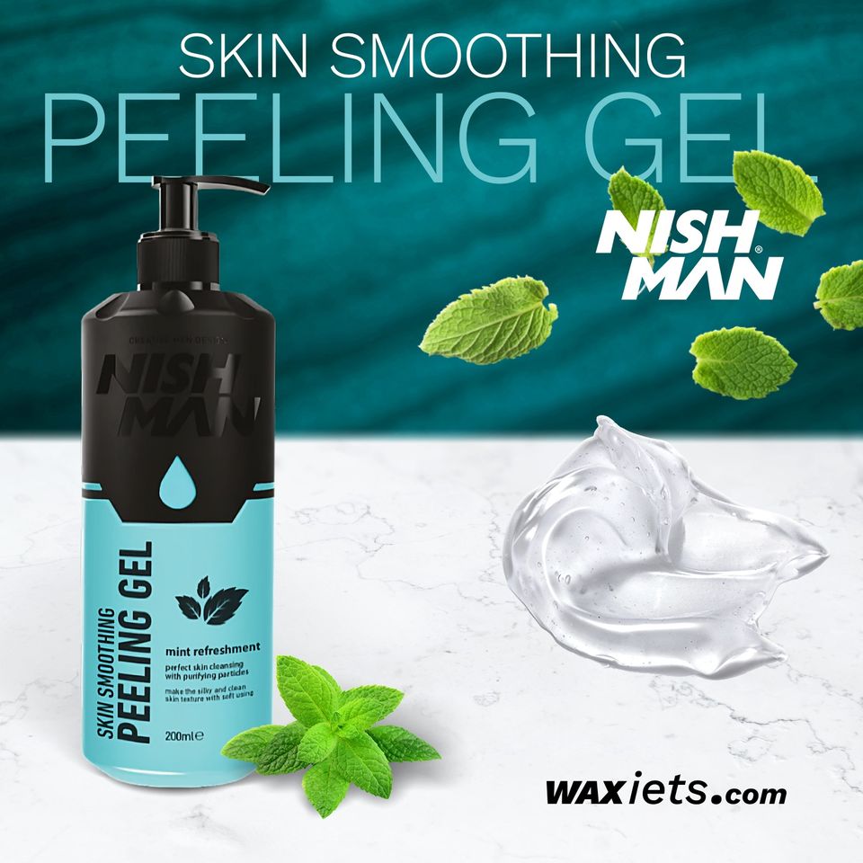 Frasco de gel esfoliante Skin Smoothing Peeling Gel da NISH MAN com folhas de menta e gel transparente ao lado