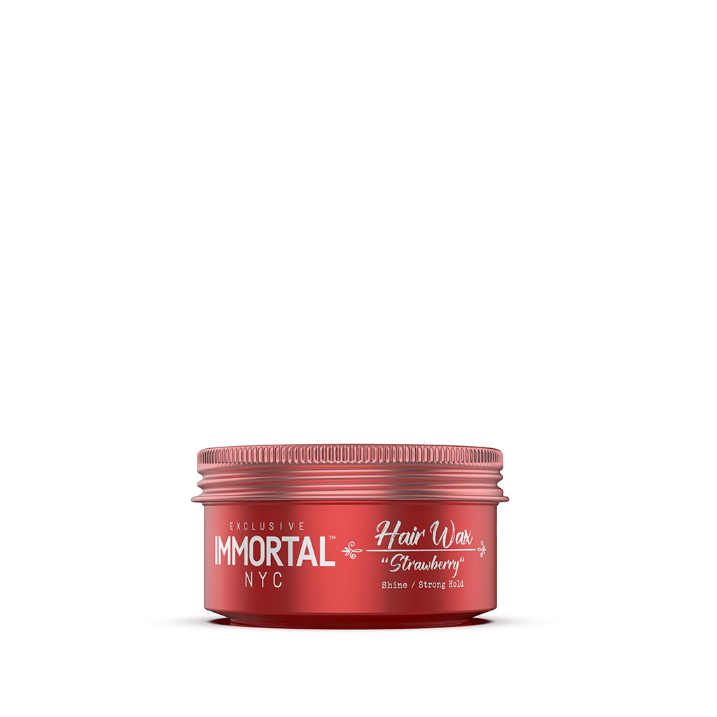 Pote vermelho de cera para cabelo com texto branco