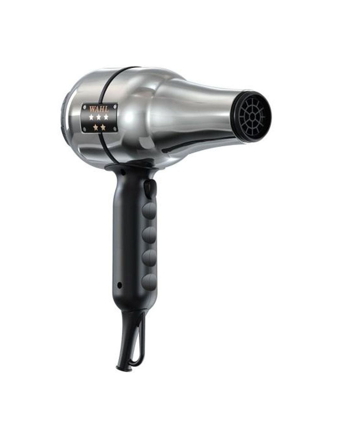 Secador de cabelo metálico prateado com pega preta e etiquetas pretas