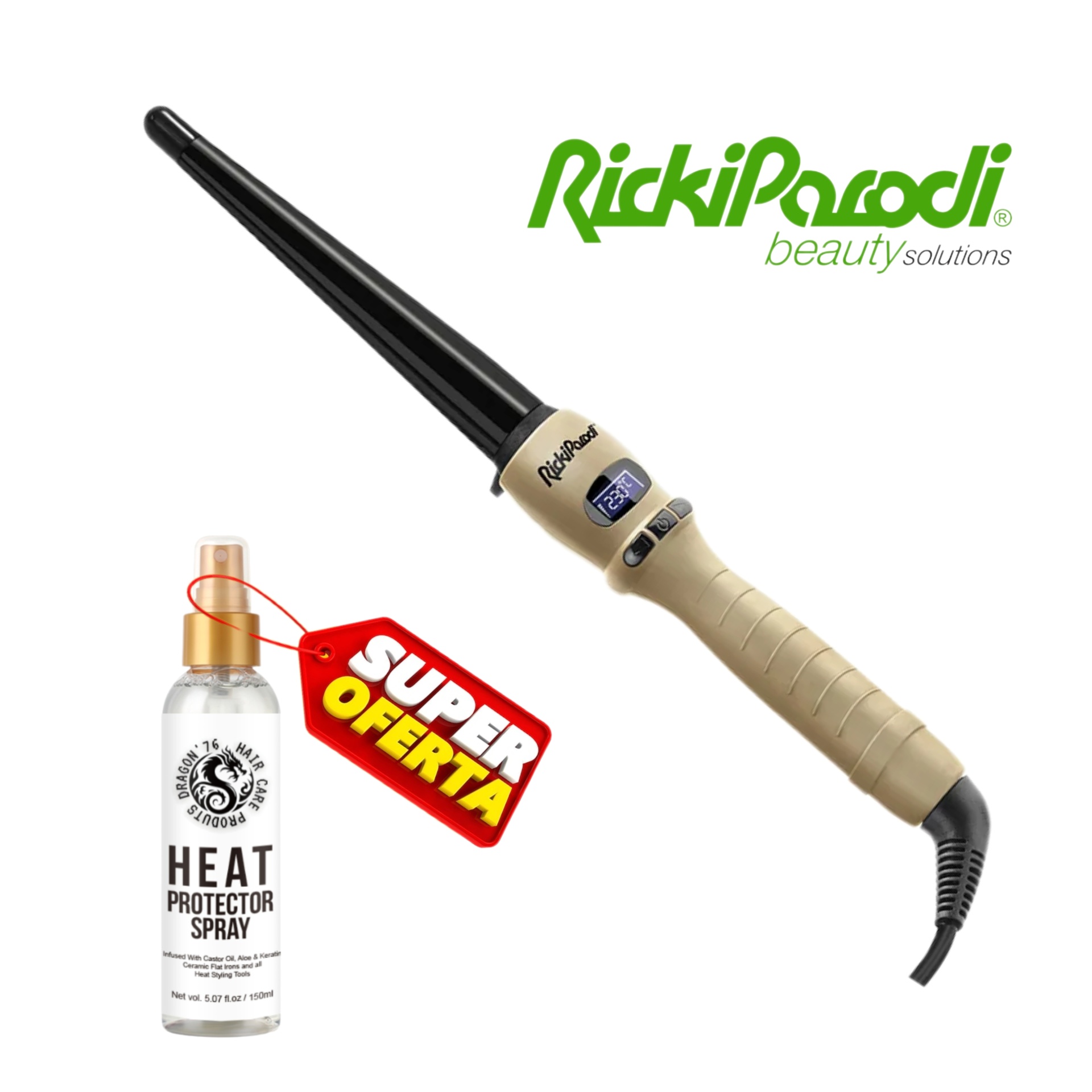 Ferro modelador cónico bege e preto com visor digital e spray protetor térmico com rótulo branco e tampa dourada e etiqueta promocional vermelha