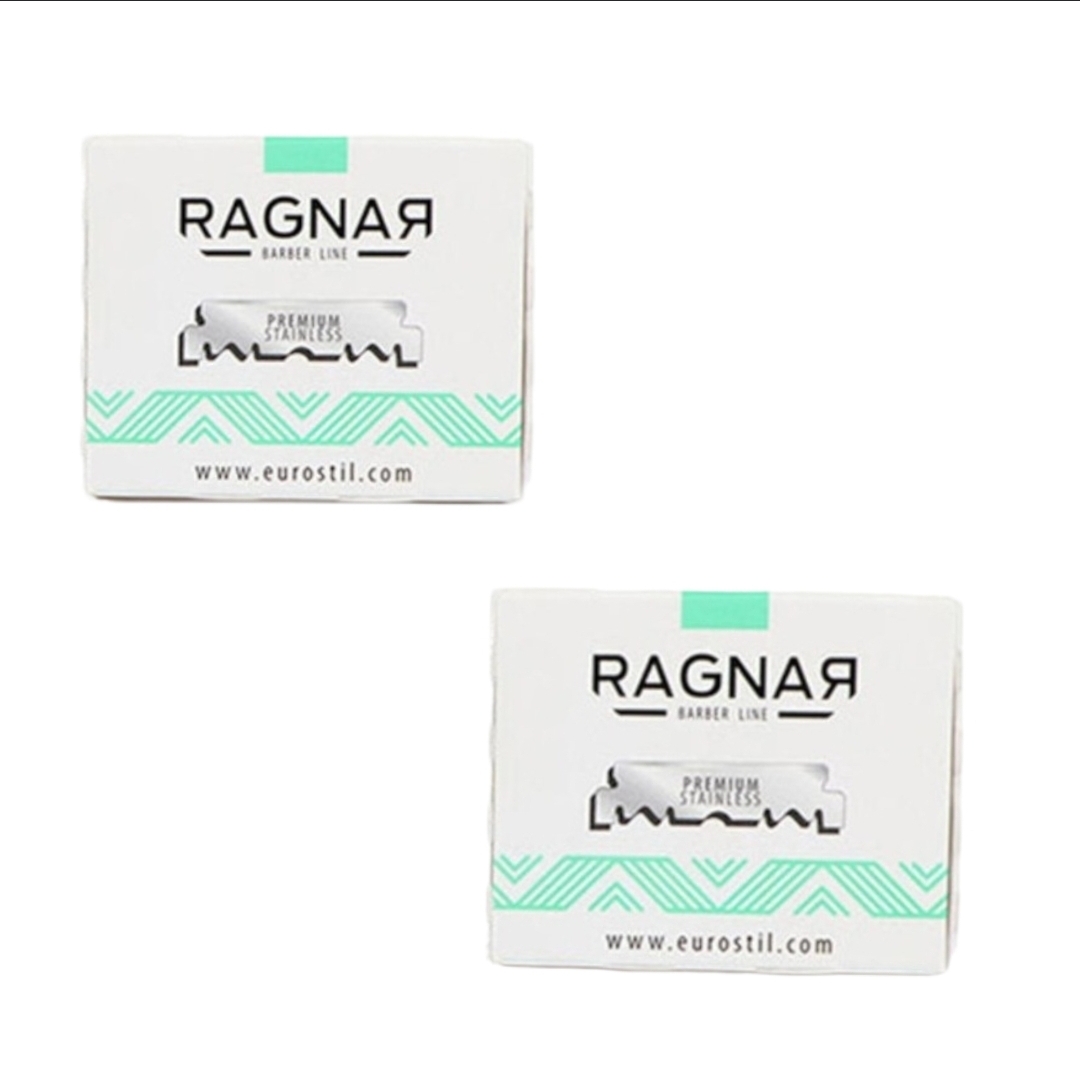 Pacotes brancos com lâminas de barbear RAGNAR Barber Line com padrão verde e texto preto